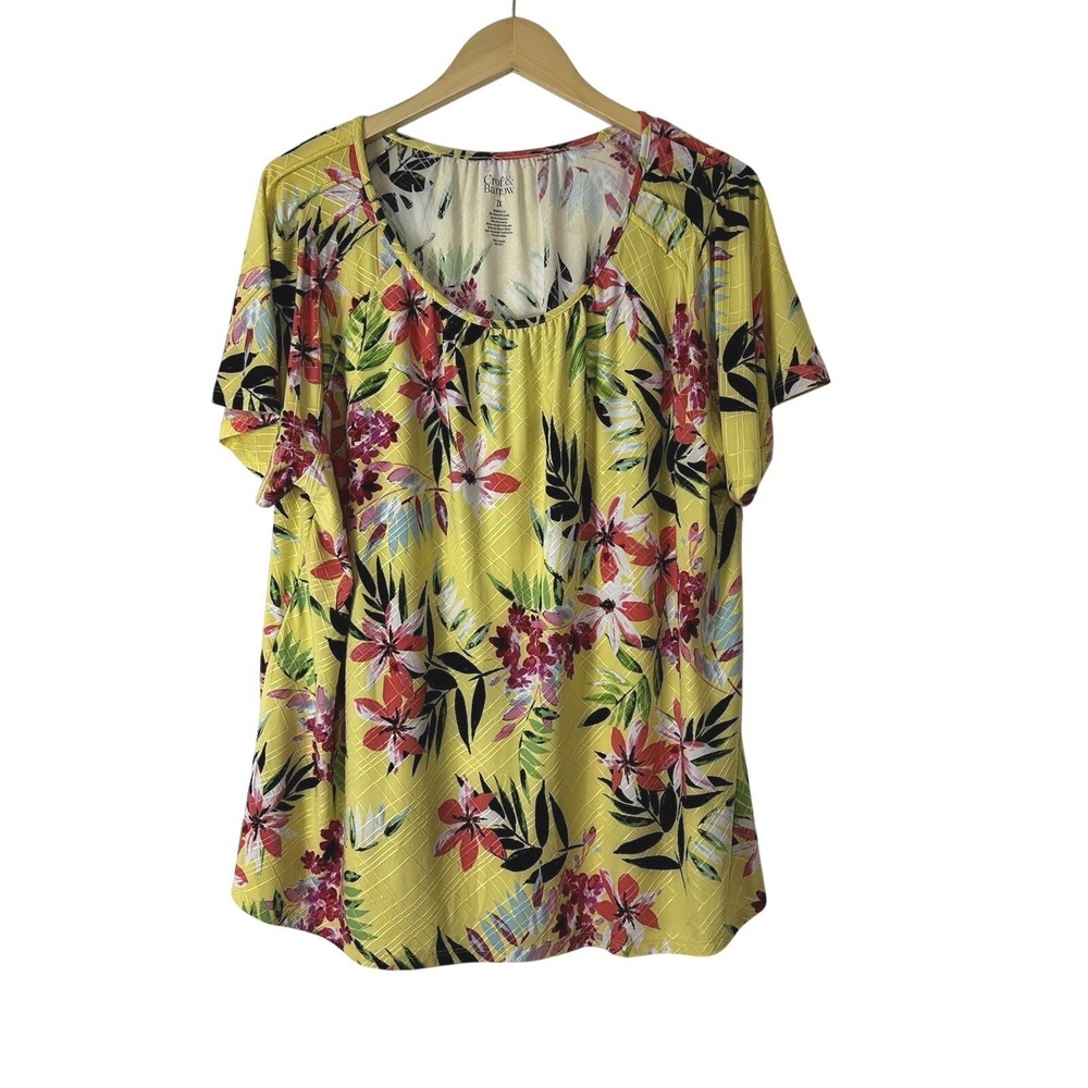 Croft & Barrow Blouse Women's 2X‎ Short Sleeve Yellow Floral Tropical Colorful
